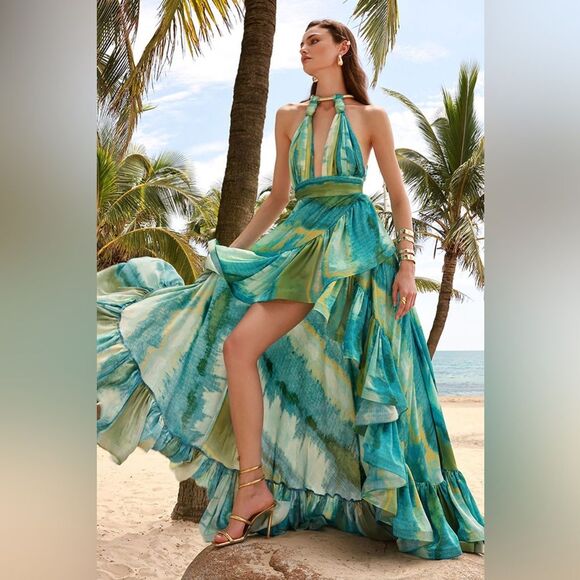 Bronx and Banco Dresses & Skirts - Bronx Banco Palma Coastal Gown Teal & Lime Halter High-Low Ruffle Maxi Dress
